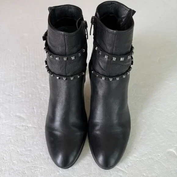Size 40 / 9 - 9.5 - Ecco Shape Stiletto 75 Sleek Black Leather Booties Studded - Picture 2 of 10